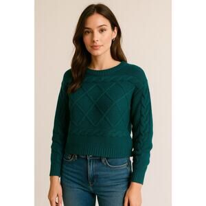 Gianni Bini Teal Cable Knit Sweater Small Cropped Chunky Pullover Comfort Preppy